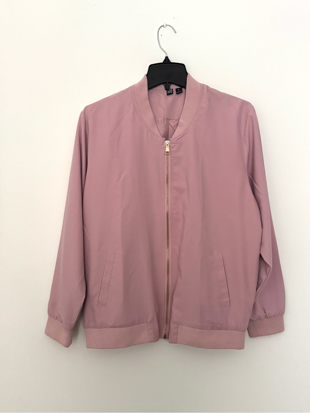 Women’s Dusty Pink Bomber Jacket Size Large Minimalist Casual Gold Zipper